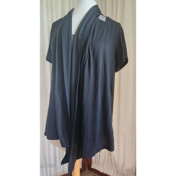 C39 Ever Blue knit open front cardigan, black with lace inset in back - Picture 2 of 8